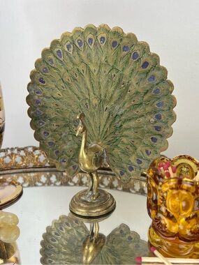 Vtg MCM 1960-70s Brass Peacock Figurine Hand-Etched Hollywood Regency Boho Decor
